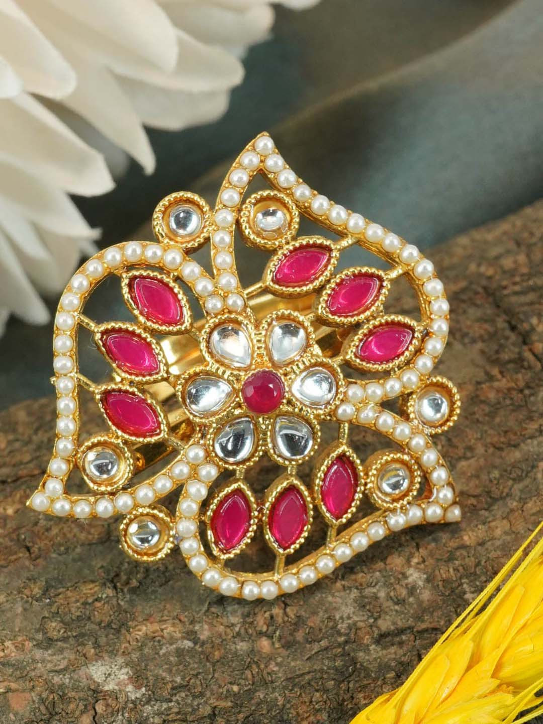 GRIIHAM Gold-Plated AD-Studded & Beaded Antique Finger Ring