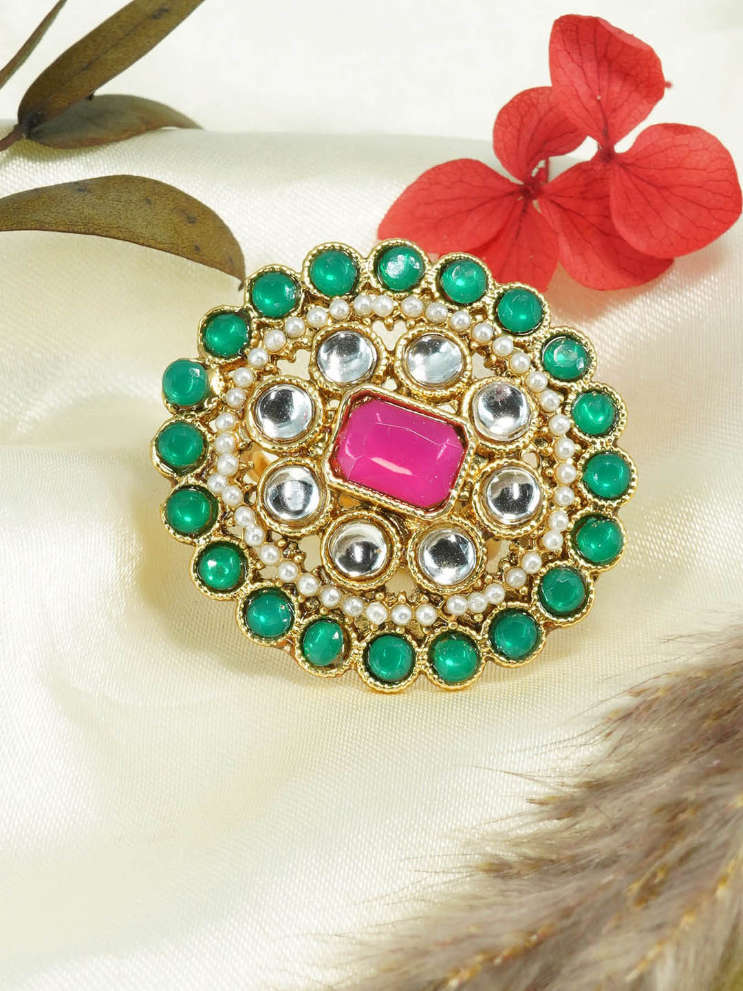 GRIIHAM Gold-Plated AD-Studded Adjustable Antique Finger Ring