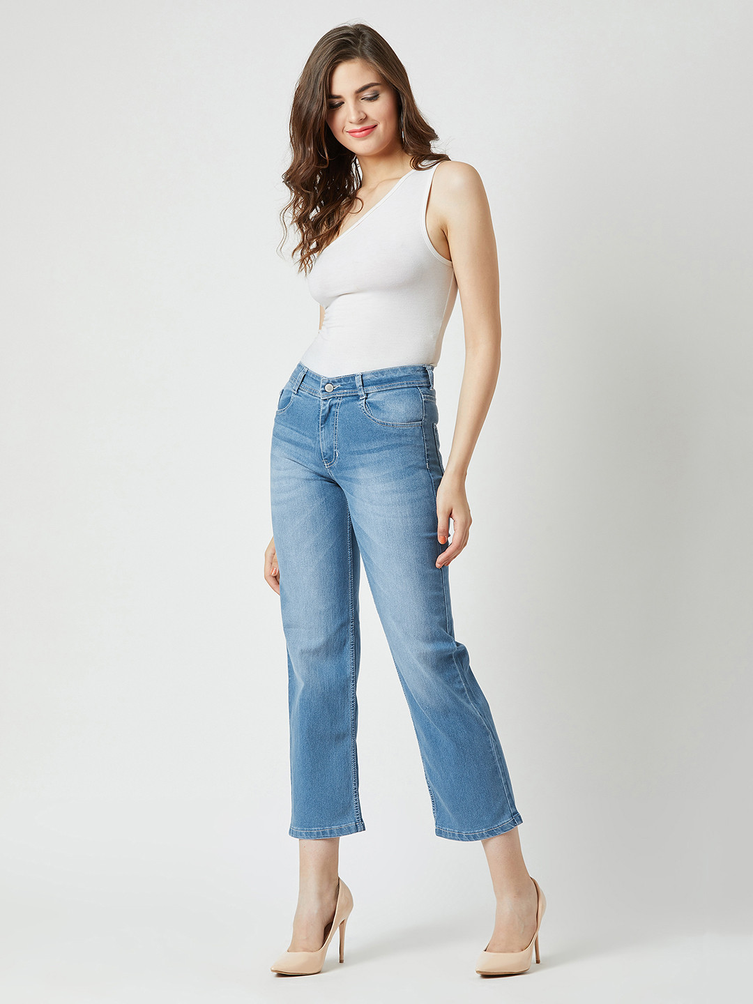 Miss Chase Women Cotton Wide Leg Light Fade Stretchable Jeans