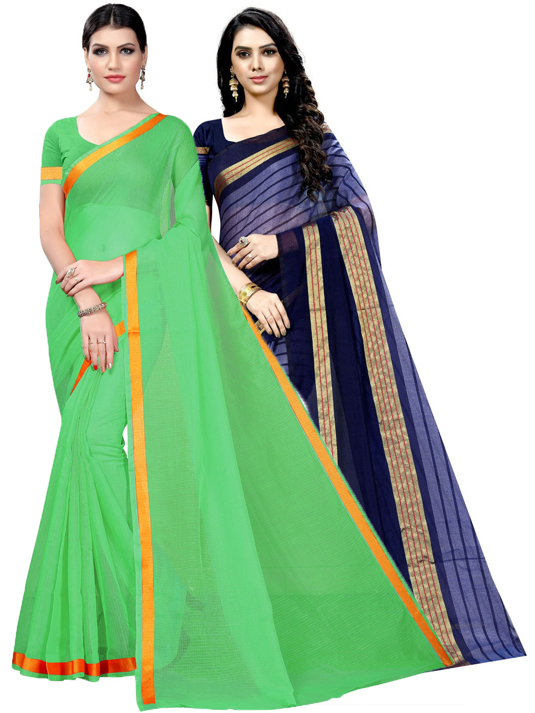 KALINI Pack Of 2 Cotton Blend Zari Saree With Blouse Pieces