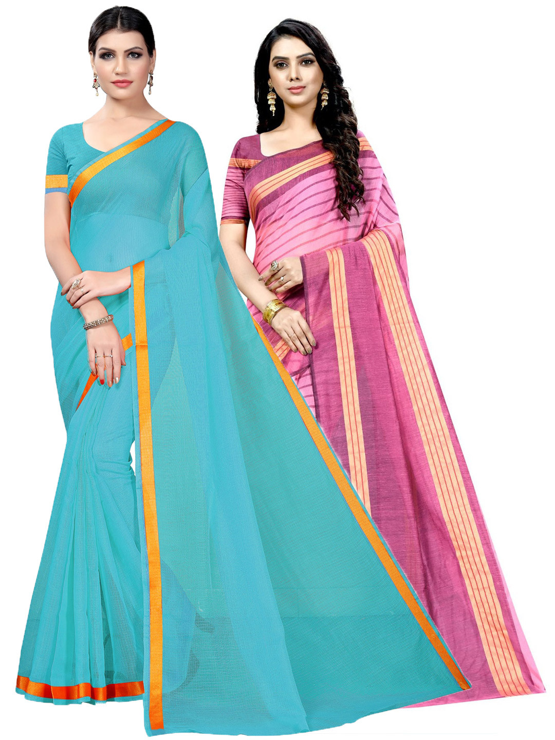 KALINI Pack Of 2 Striped Zari Cotton Silk Saree With Blouse Pieces