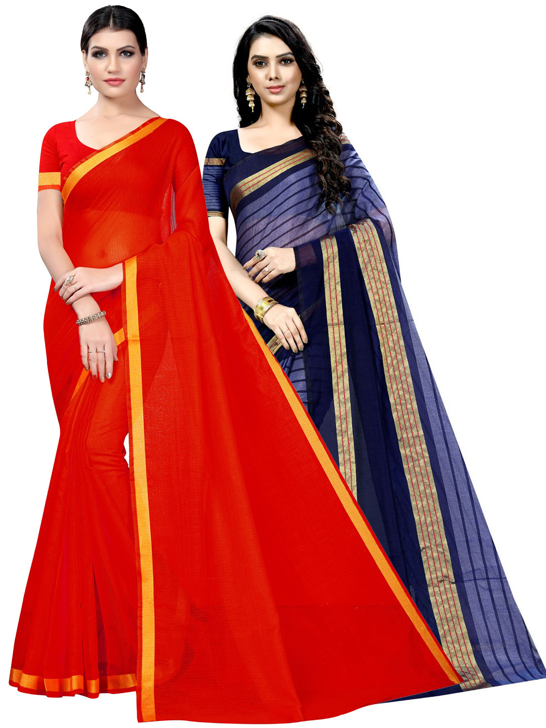 KALINI Pack Of 2 Striped Zari Cotton Silk Ilkal Saree With Blouse Pieces