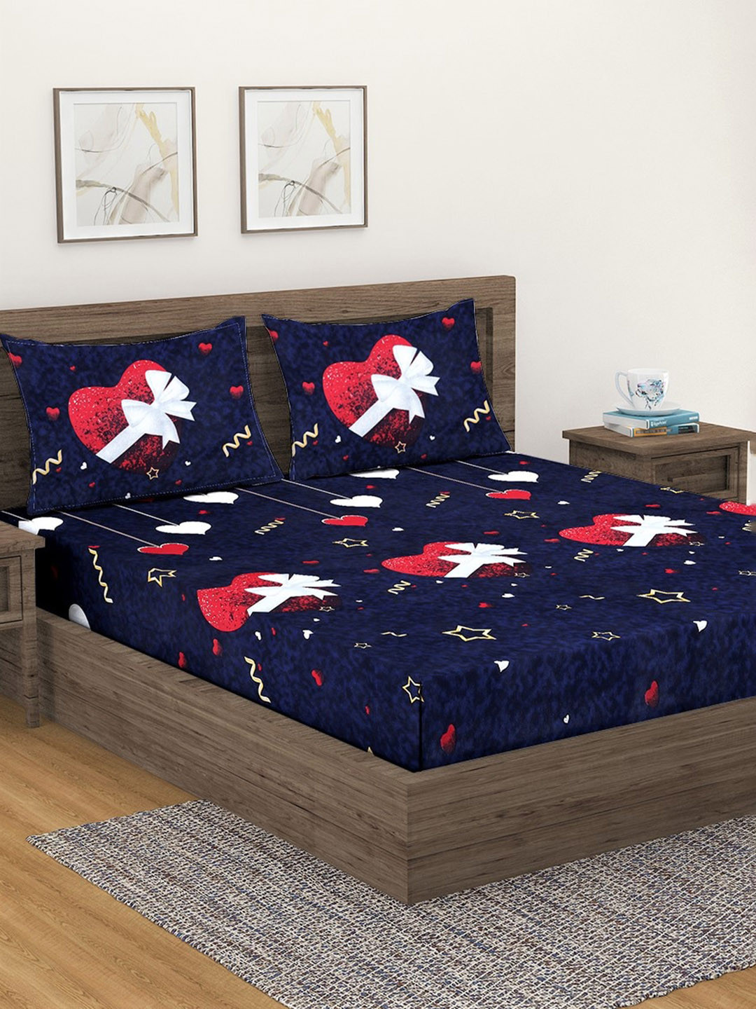 Fashion String Navy Blue Chevron Polyester 144 TC Queen Bedsheet with 2 Pillow Covers-220 x 230 cm