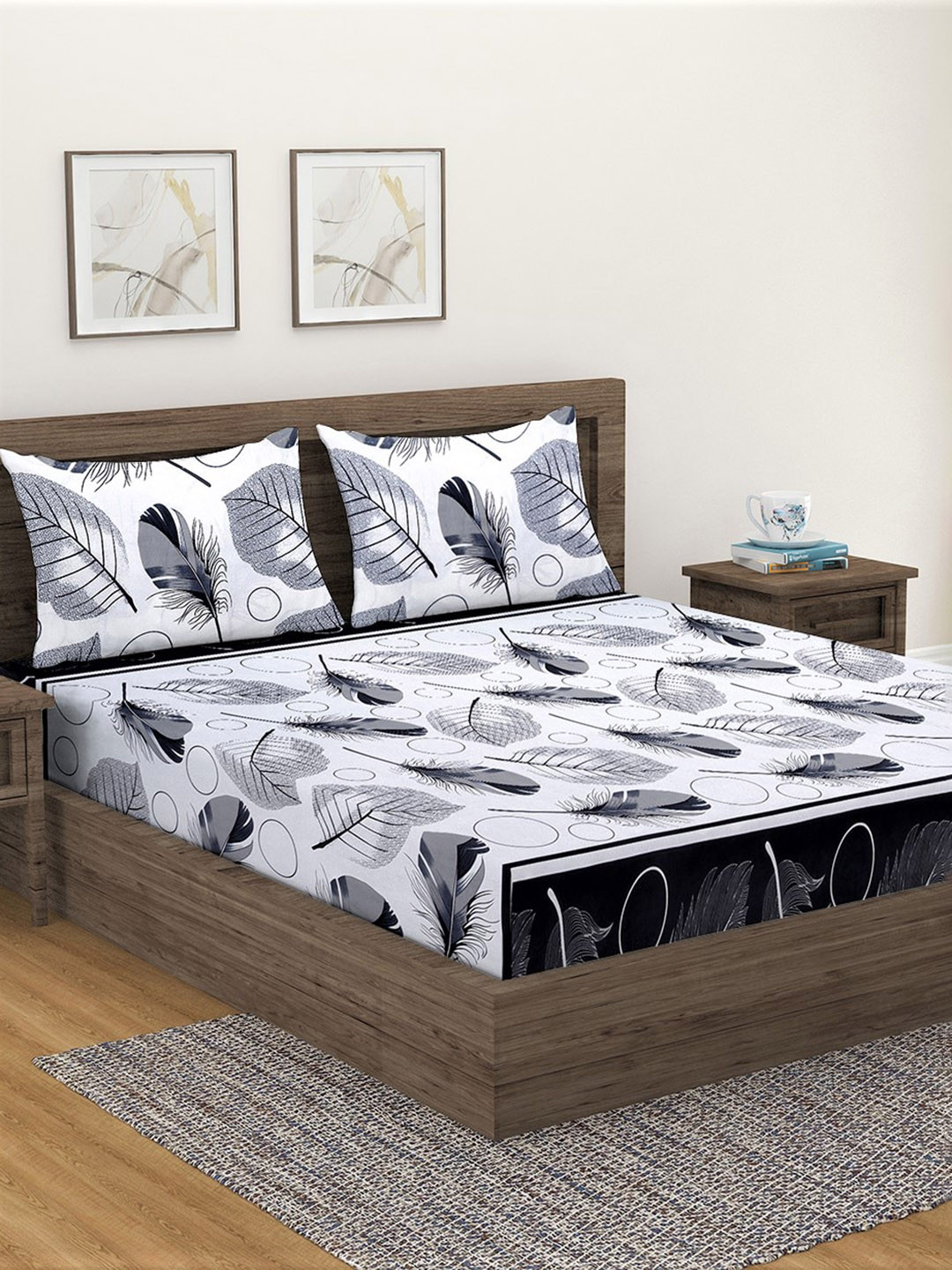 Fashion String White Leaf Polyester 144 TC Queen Bedsheet with 2 Pillow Covers-87 x 90 inches