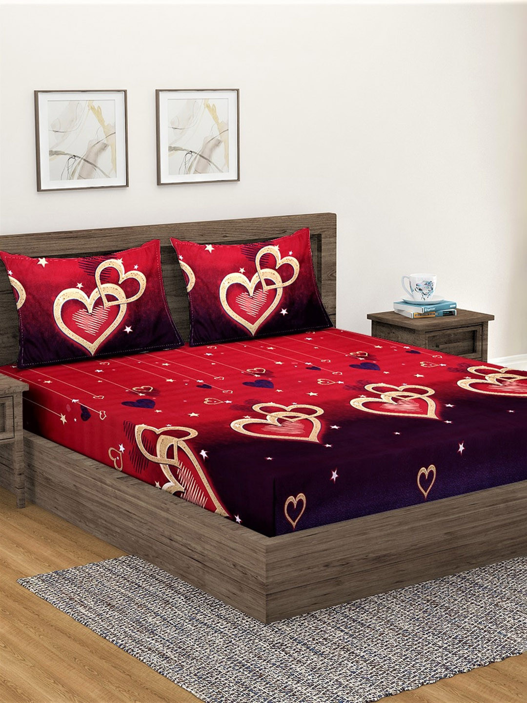 Fashion String Red Graphic Polyester 144 TC Queen Bedsheet with 2 Pillow Covers-87 x 91 inches