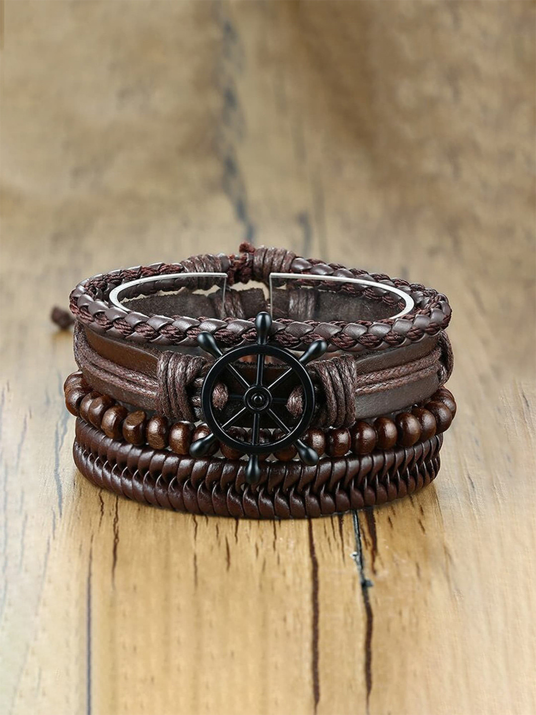 Yellow Chimes Women Pack Of 4 PU Leather Beaded Wraparound Bracelet