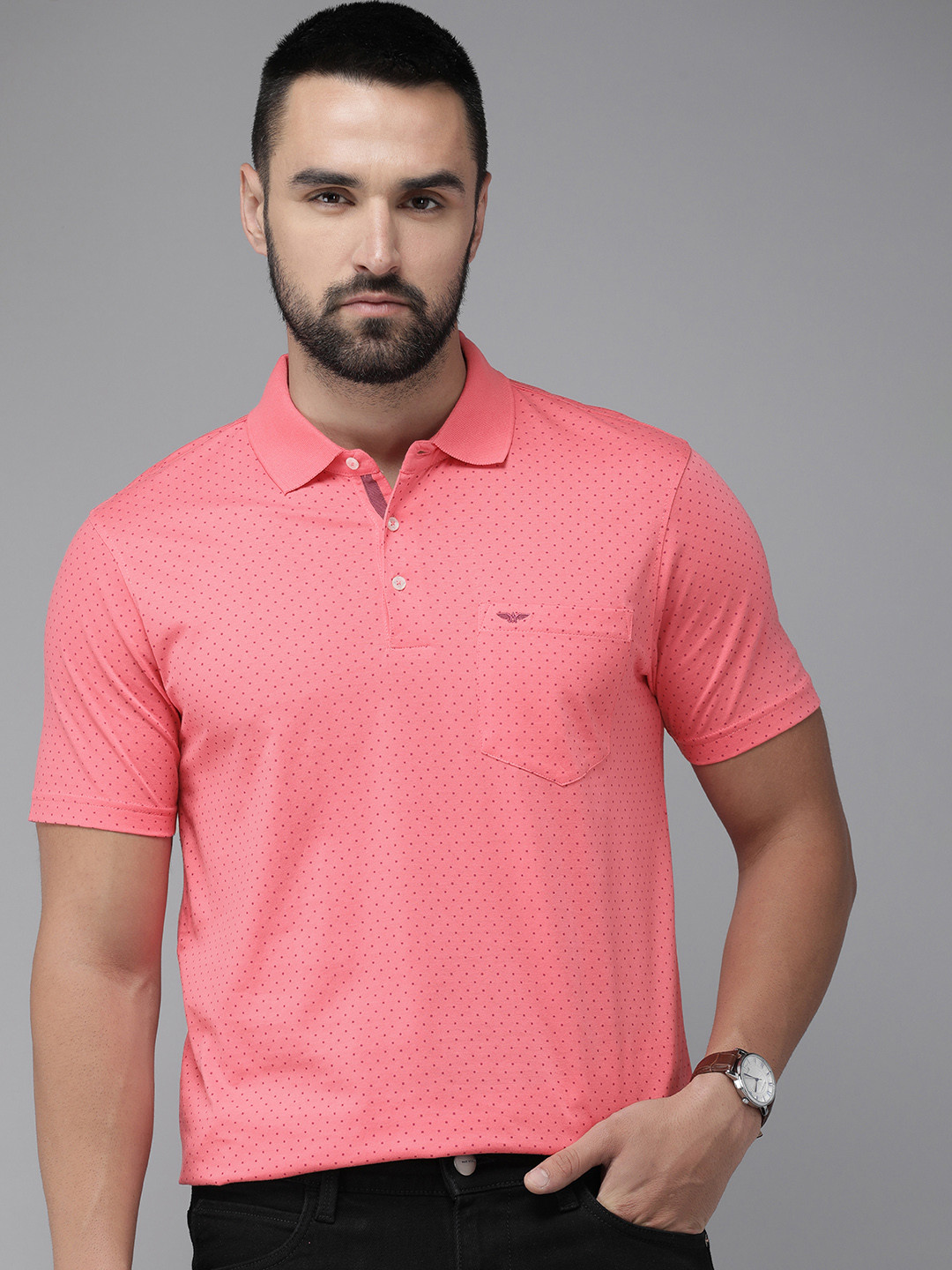 Park Avenue Pure Cotton Geometric Printed Polo Collar Pocket Slim Fit T-shirt