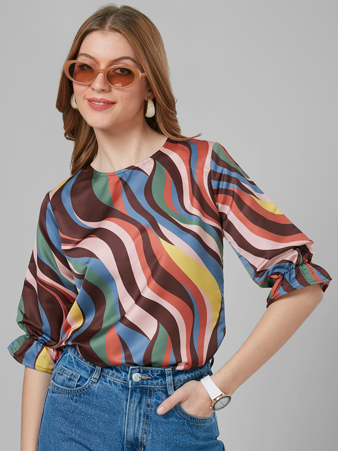 Style Quotient Abstract Printed Crepe Casual Woven Blouson Top