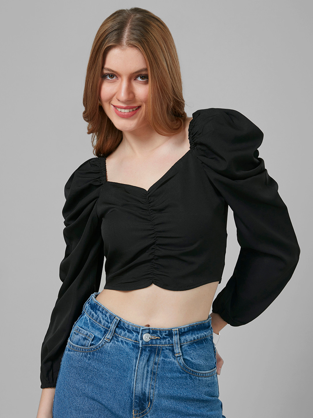Style Quotient Sweetheart Neck Fringed Crepe Crop Top