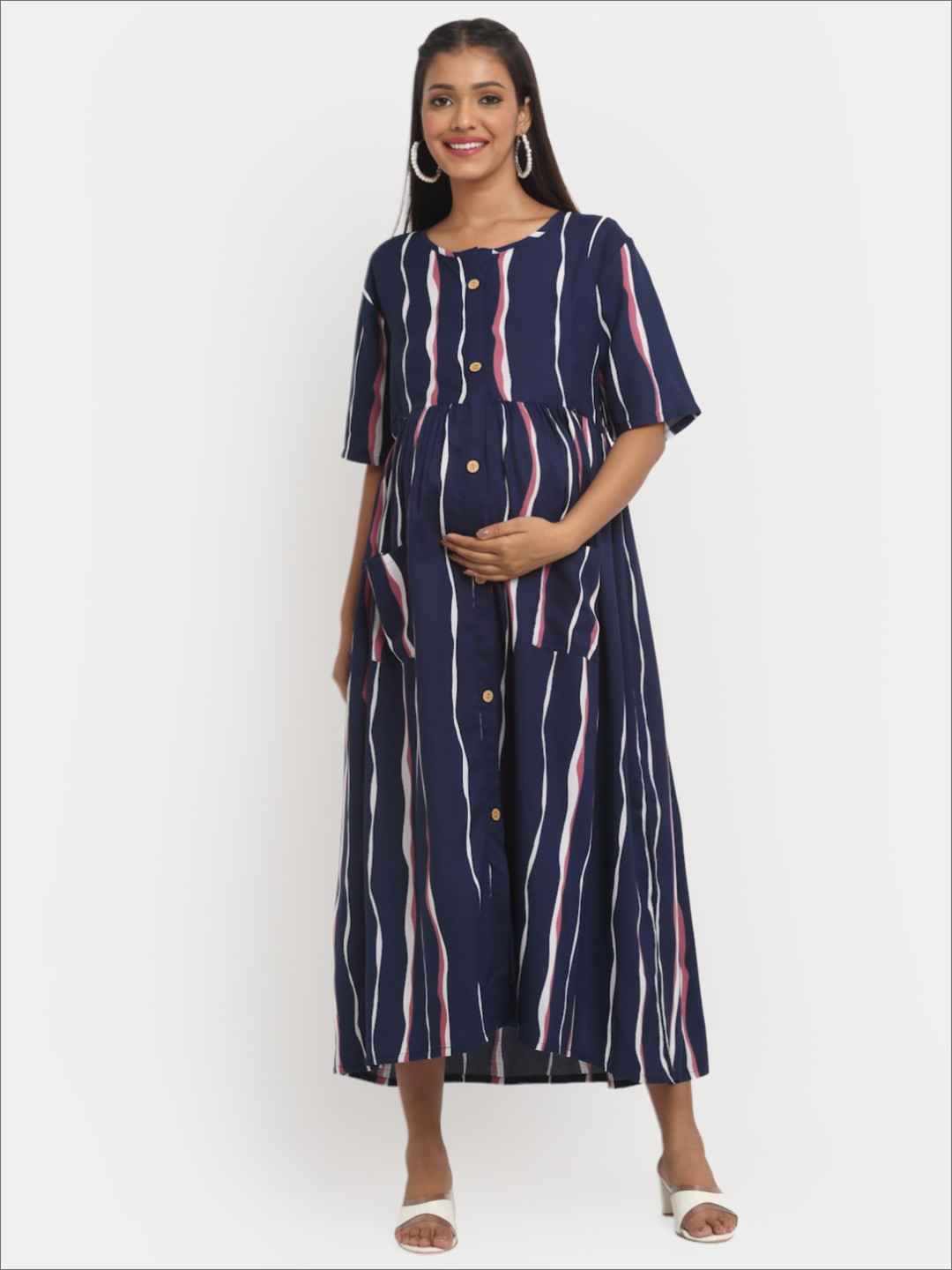 Mylo Tropical Stripes Maternity A-Line Midi Dress with Zipper
