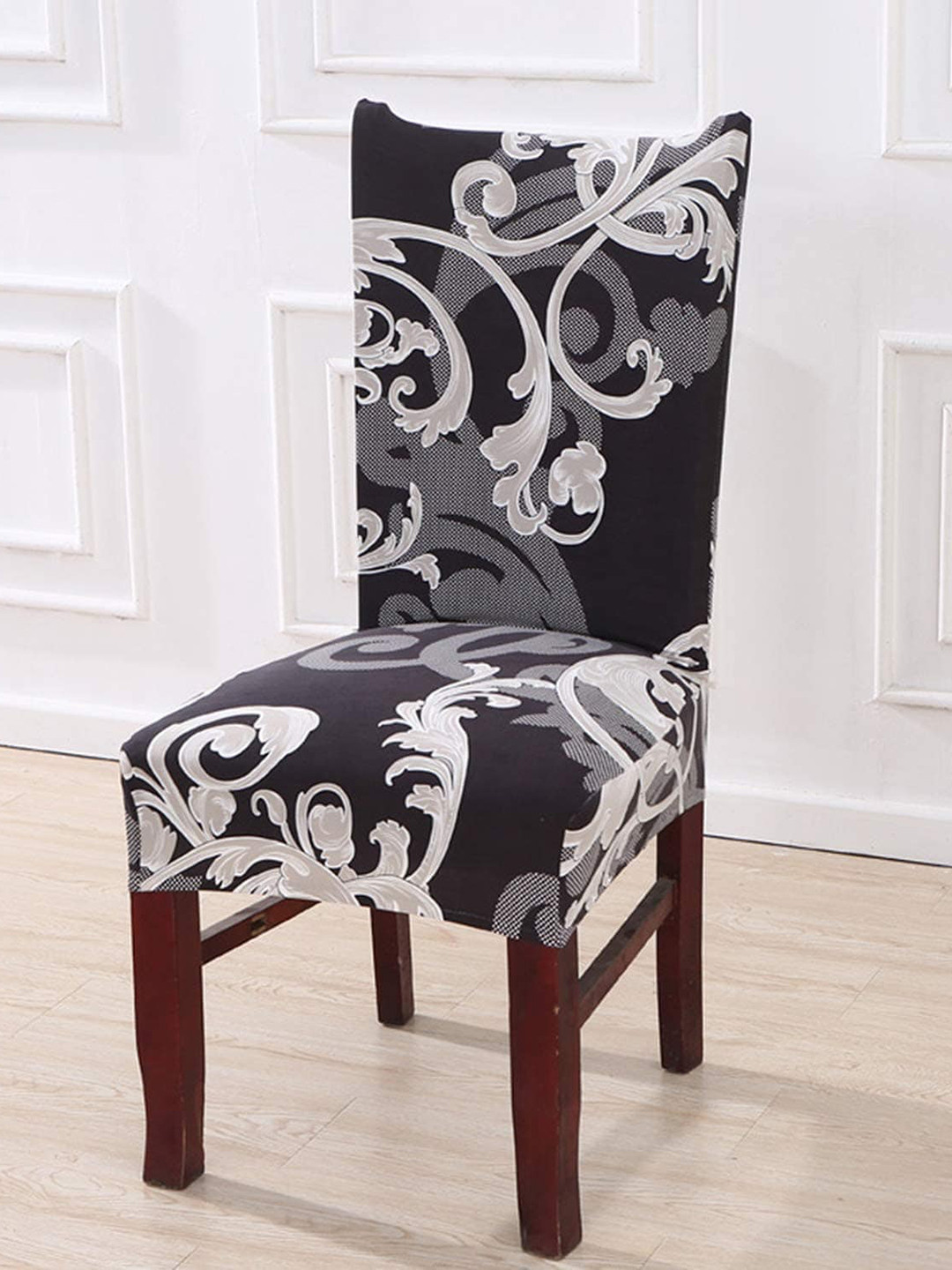 HOUSE OF QUIRK Brown and Grey Set Of 4 Printed Removable Chair Covers