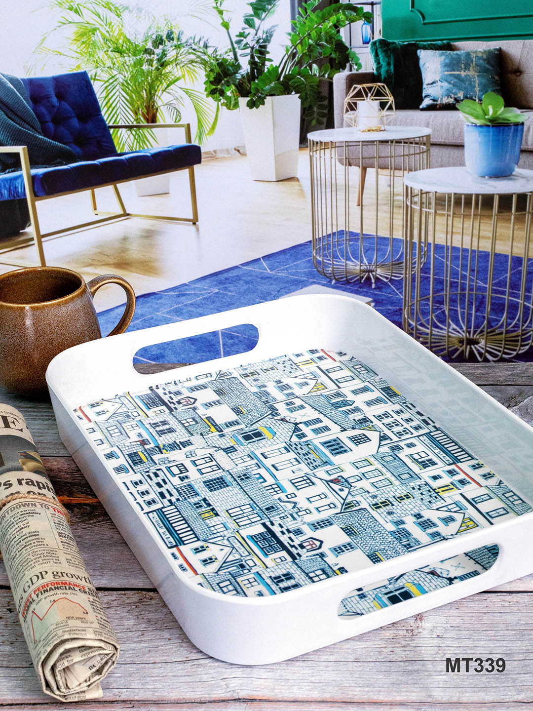 GOODHOMES White and Blue Printed Melamine Rectangular Serving Tray