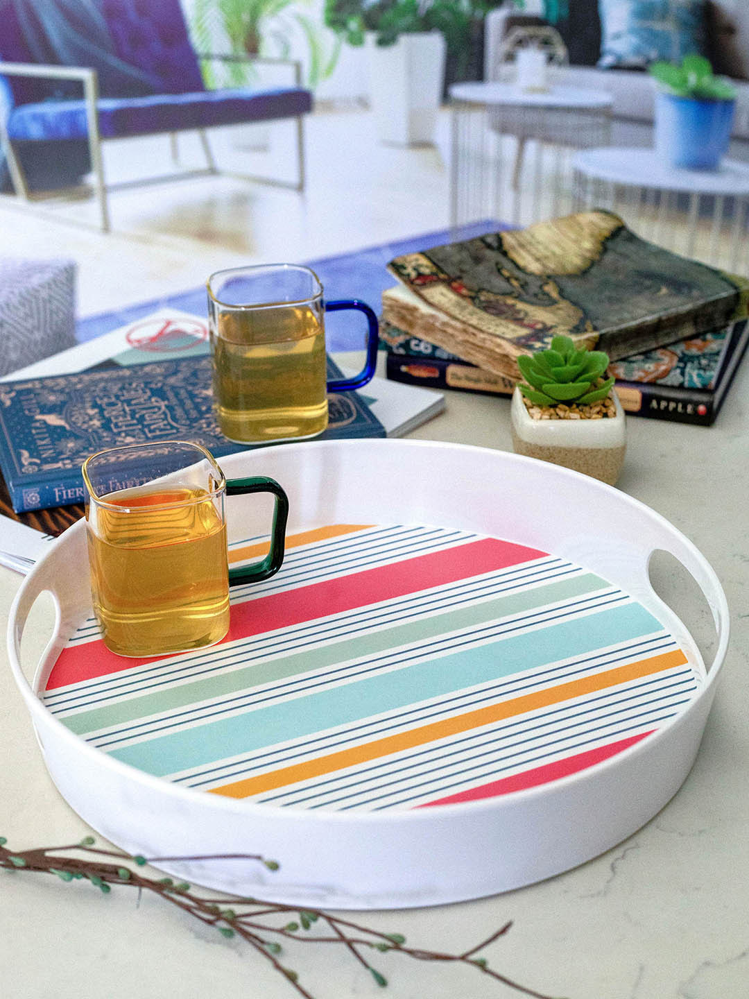 GOODHOMES White and Pink Printed Melamine Round Serving Tray