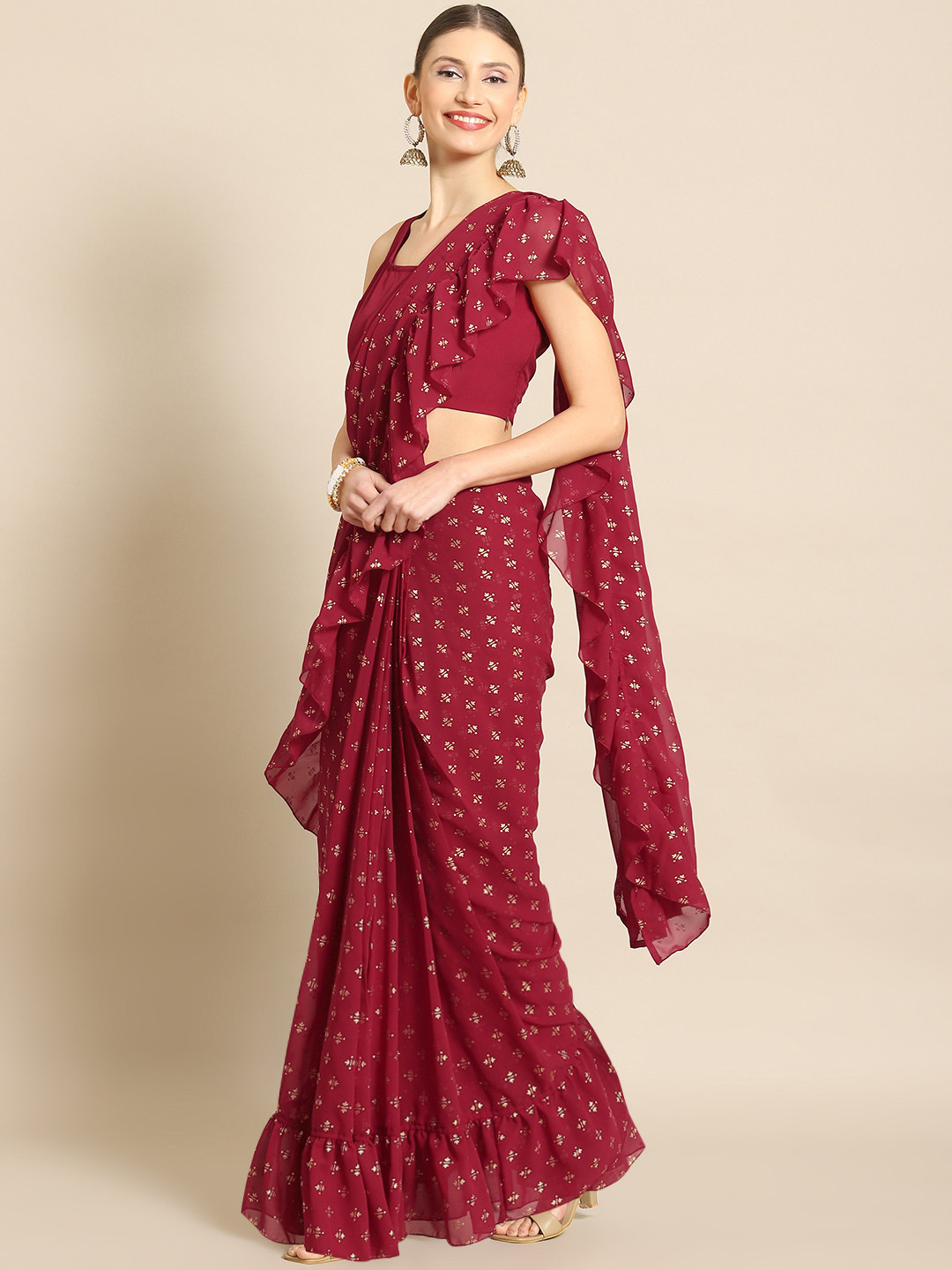 Ahalyaa Printed Ready To Wear Ruffles Saree