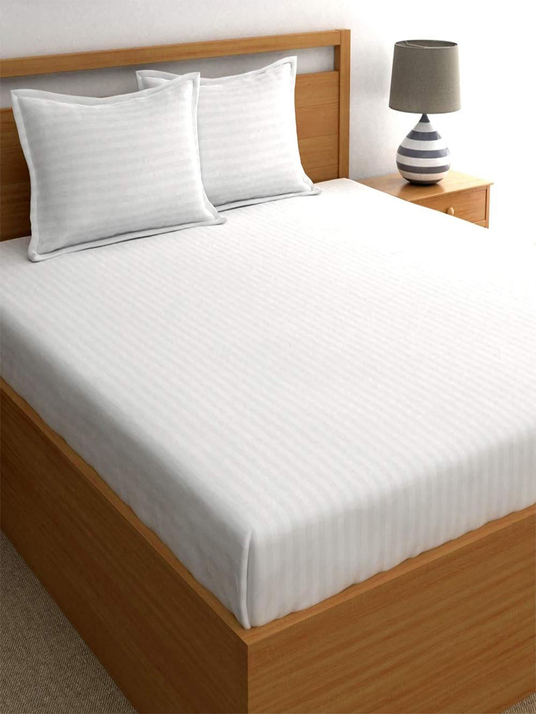 Hammer Home White Striped Microfiber 200 TC Fitted King Fine Bedsheet with 2 Pillow Covers-72 x 78 inches