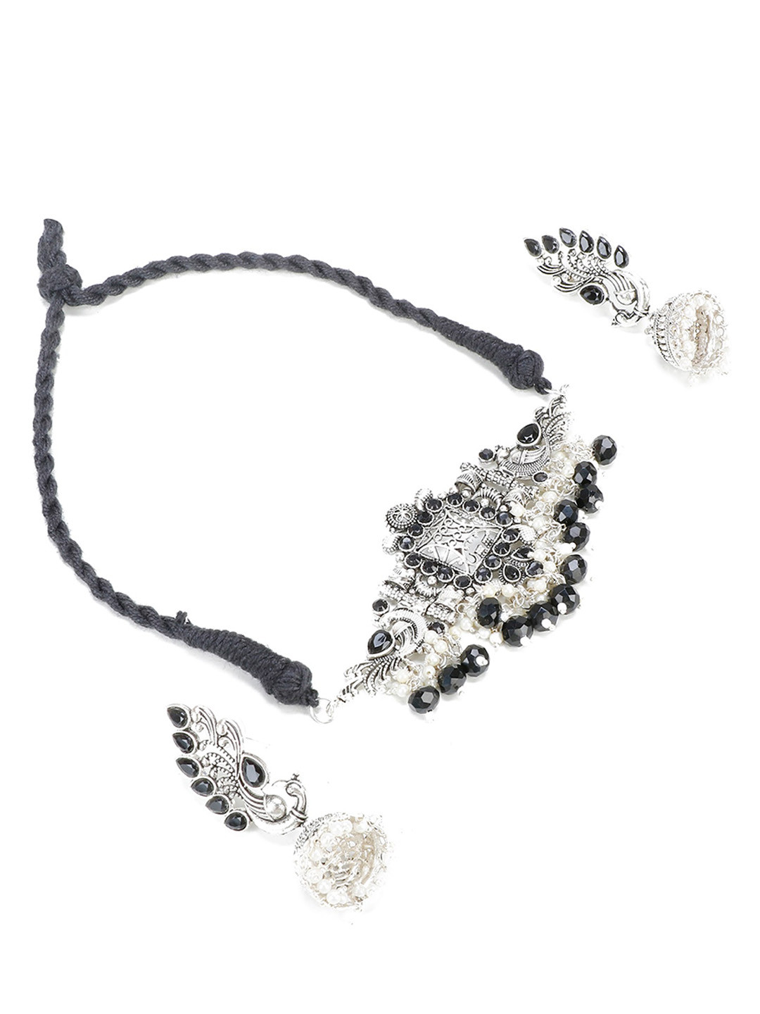 PRASUB Rhodium Plated Stone Studded Oxidised Alloy Jewellery Set