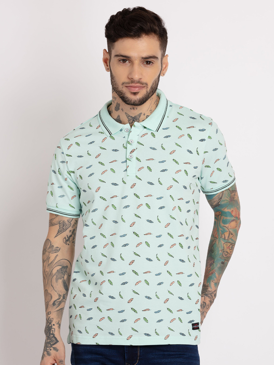 Status Quo Men Aqua Blue Printed Polo Collar Cotton Regular Fit T-shirt