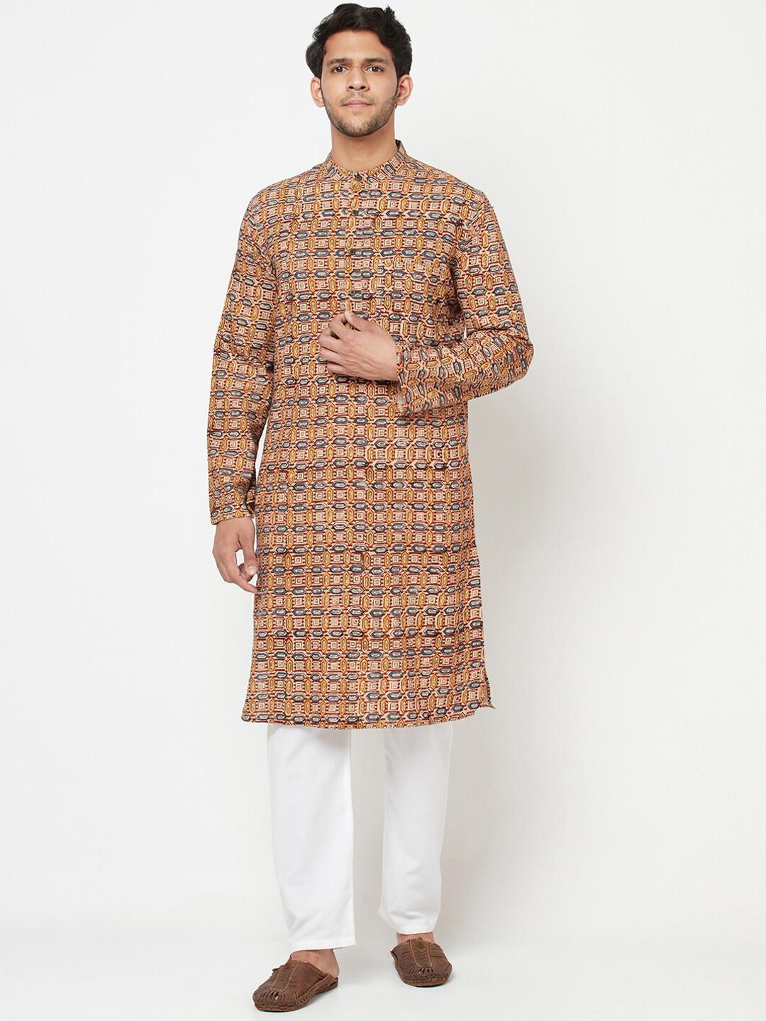 Fabindia Men Geometric Printed Cotton Kalamkari Slim Fit Kurta