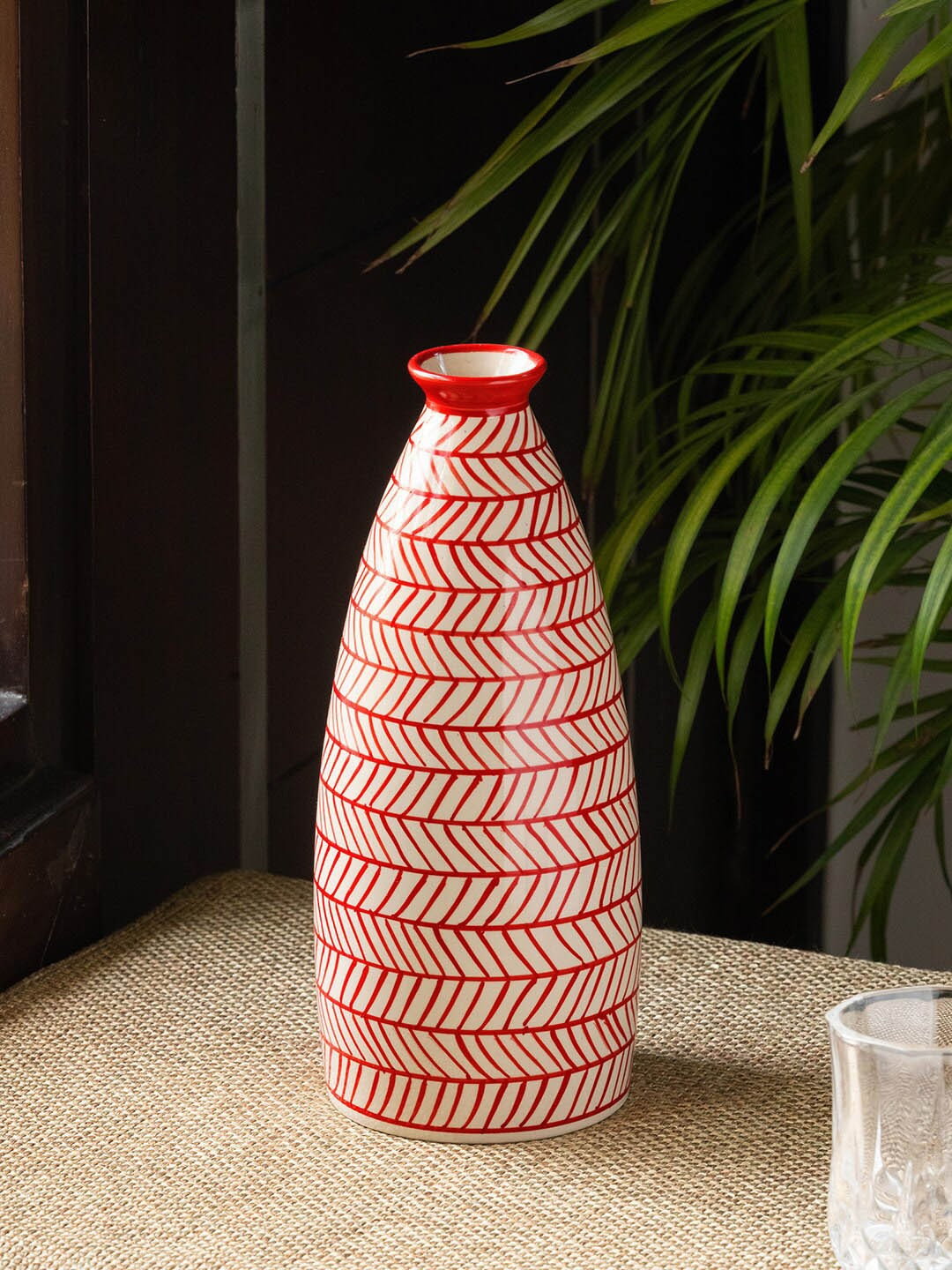 ExclusiveLane Red & White Set Of 2 Chevrons Ceramic Round Vases