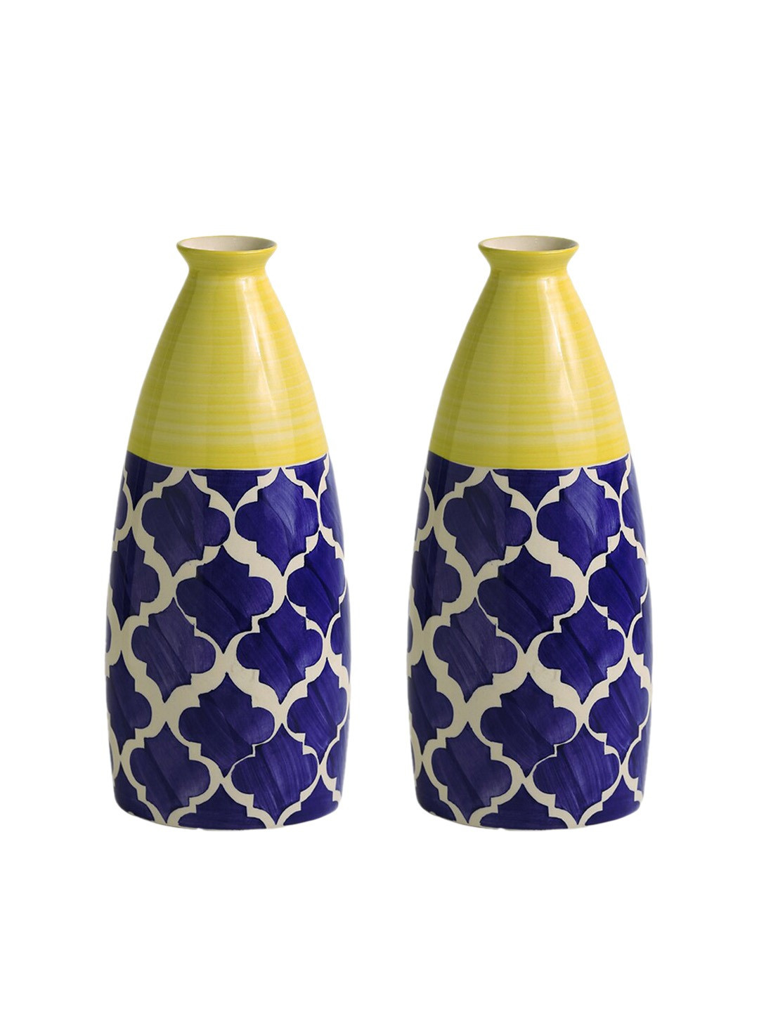ExclusiveLane Blue & Yellow Set Of 2 Geometric Patterned Big Neck Ceramic Vases