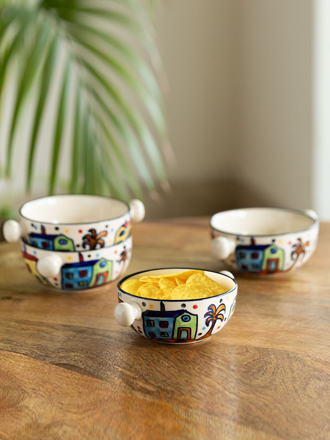 ExclusiveLane Set Of 4 The Hut Handled Hand-Painted Ceramic Bowls