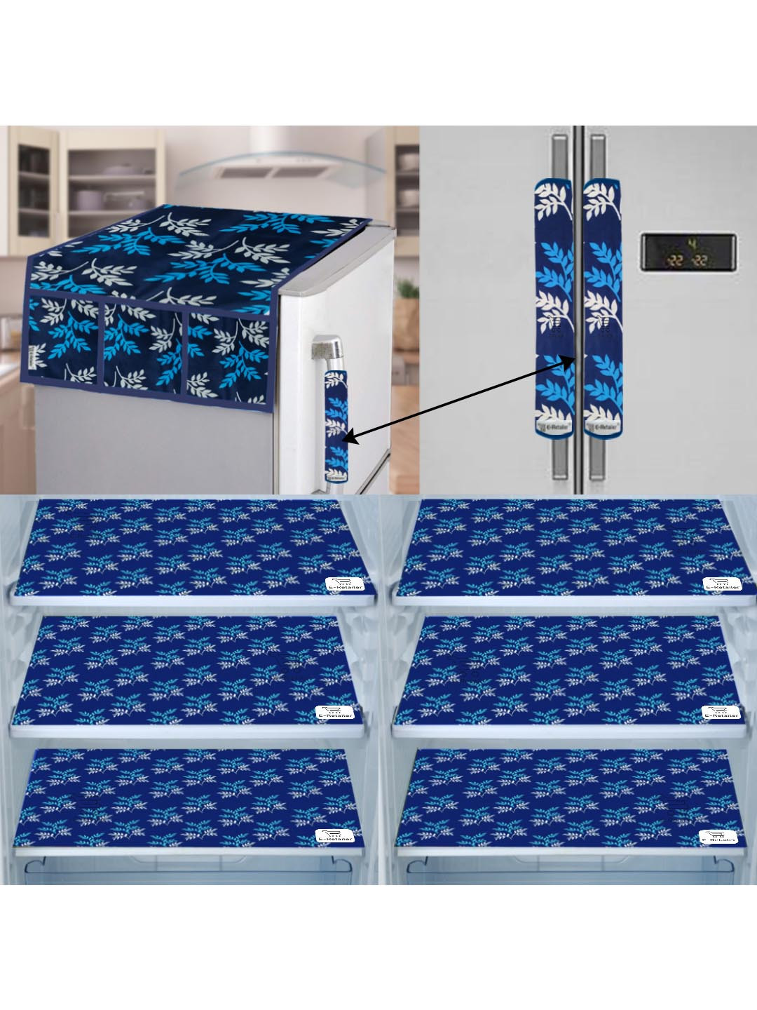 E-Retailer 9 Pieces Set Of 1 Refrigerator Top Cover 2 Fridge Handle Cover & 6 Fridge Mats