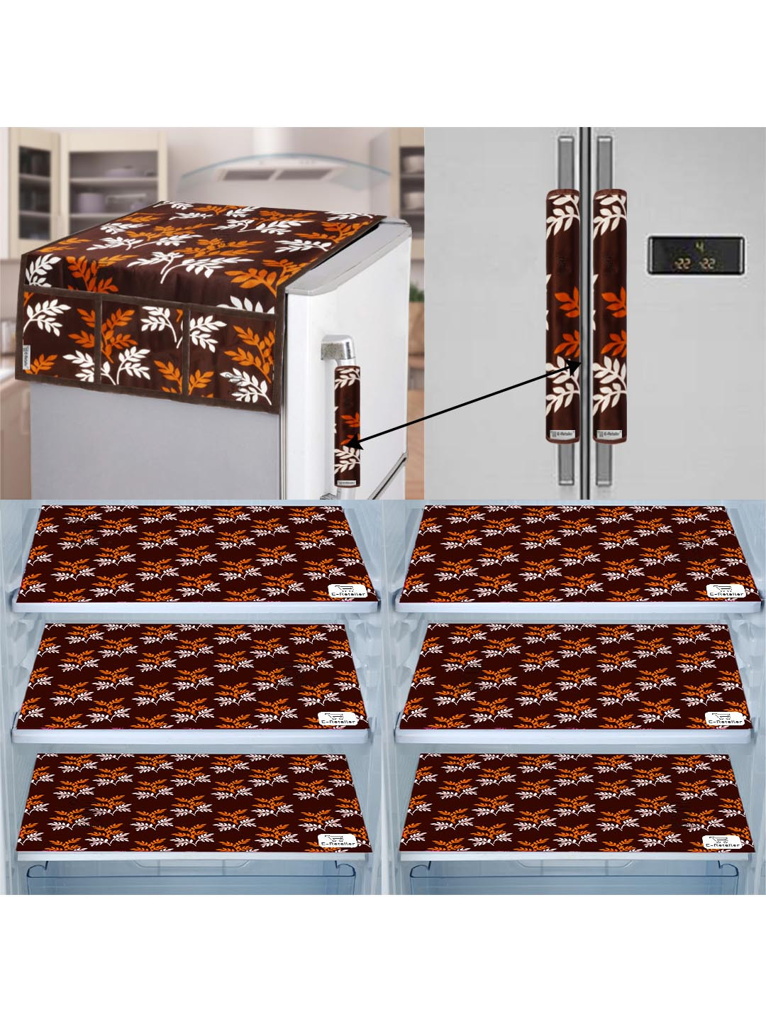 E-Retailer 9 Pieces Set Of 1 Refrigerator Top Cover 2 Fridge Handle Cover & 6 Fridge Mats