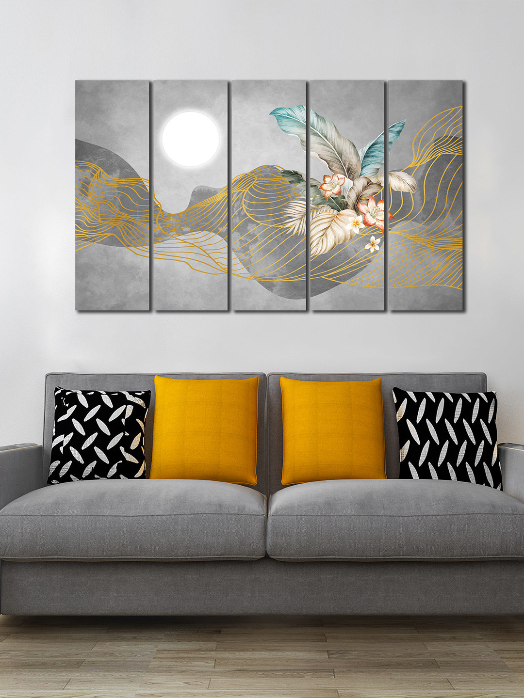 WENS 5 Pcs Grey & Yellow Abstract Feather Laminated Panels Wall Art