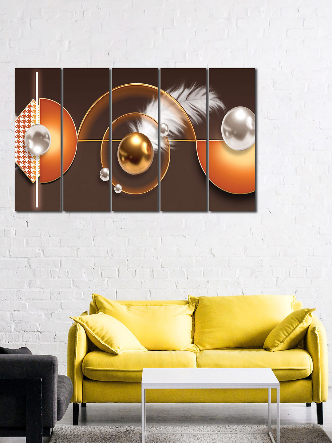 WENS 5 Pcs Brown and Orange Feather Modern Wall Art