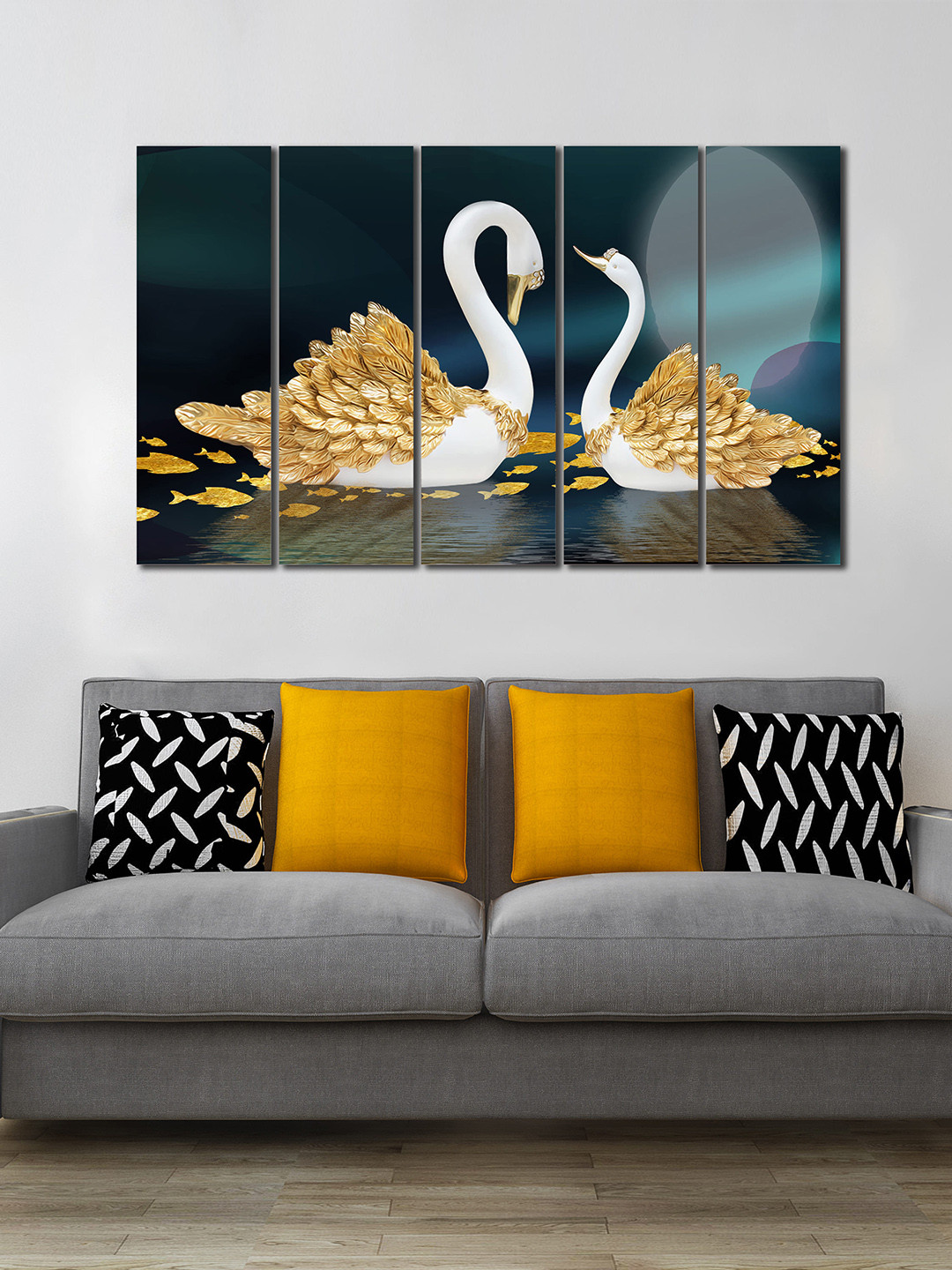 WENS Vastu Swan Pair 5 Pcs White & Gold Toned Love Birds Printed Framed Wall Art