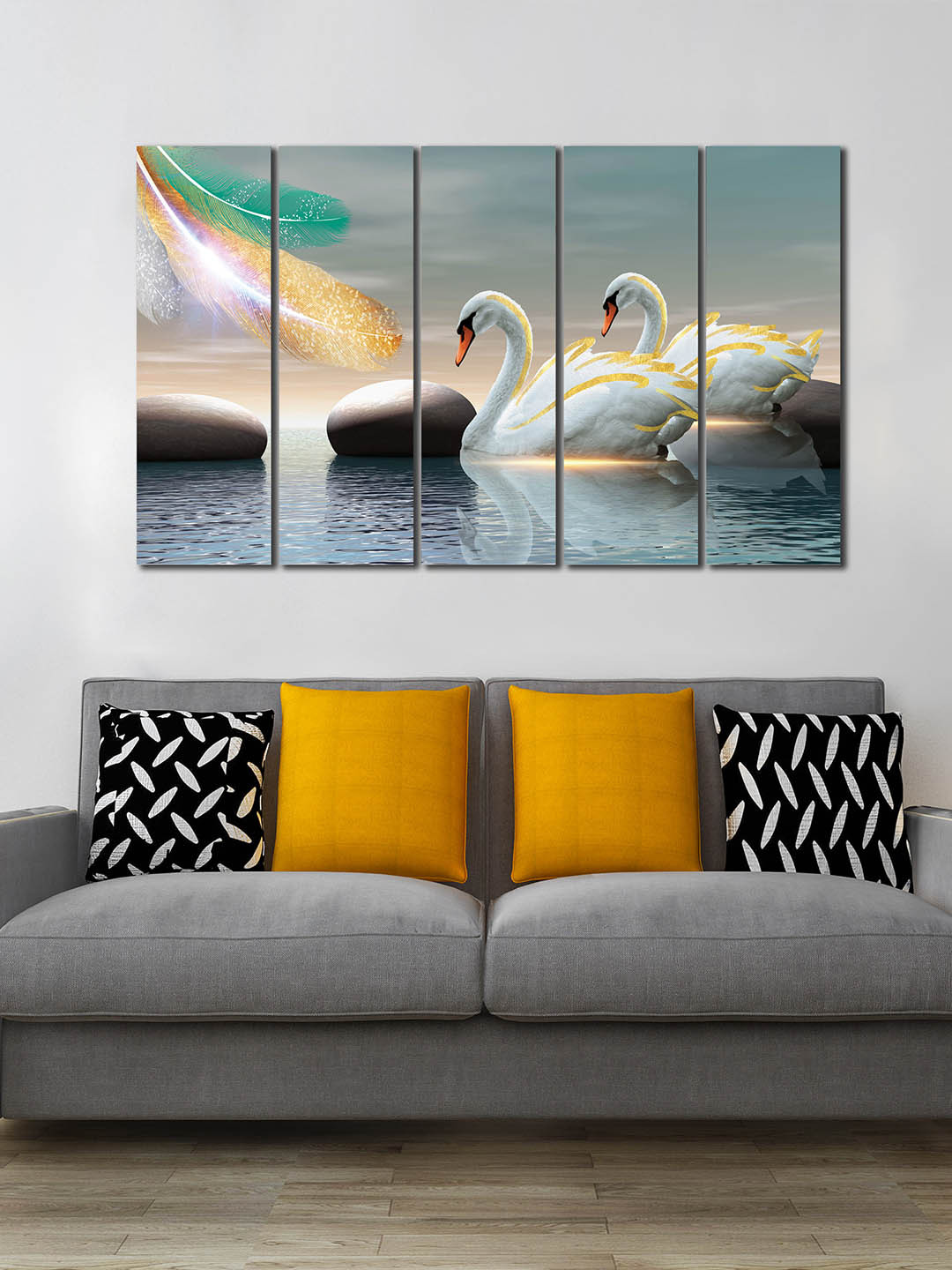 WENS Set Of 5 White & Grey Vaastu Swan Love Birds Design Laminated Wall Art Panels