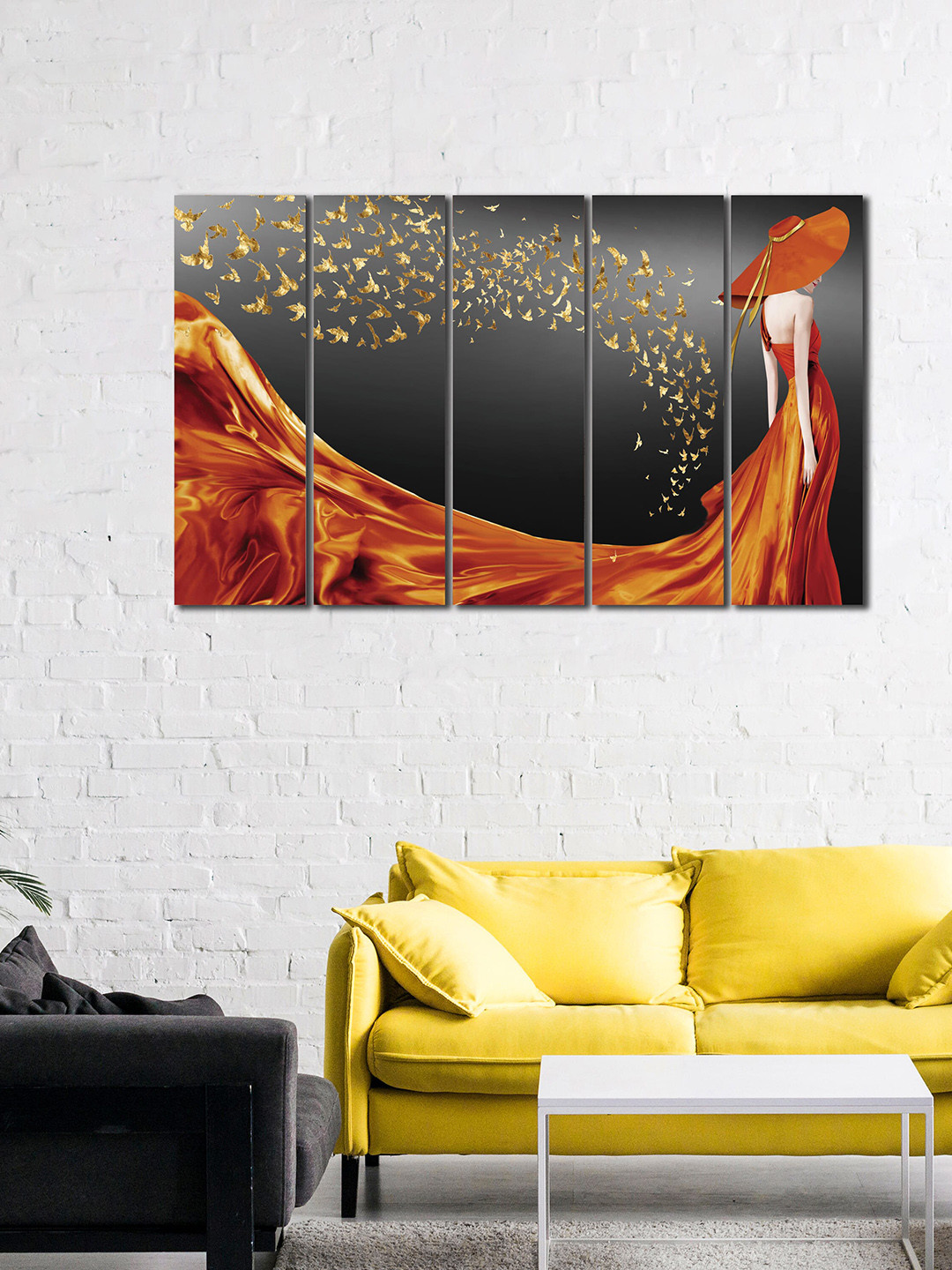 WENS Set Of 5 Black & Orange Modern & Stylish Lady Laminated Panels Wall Art