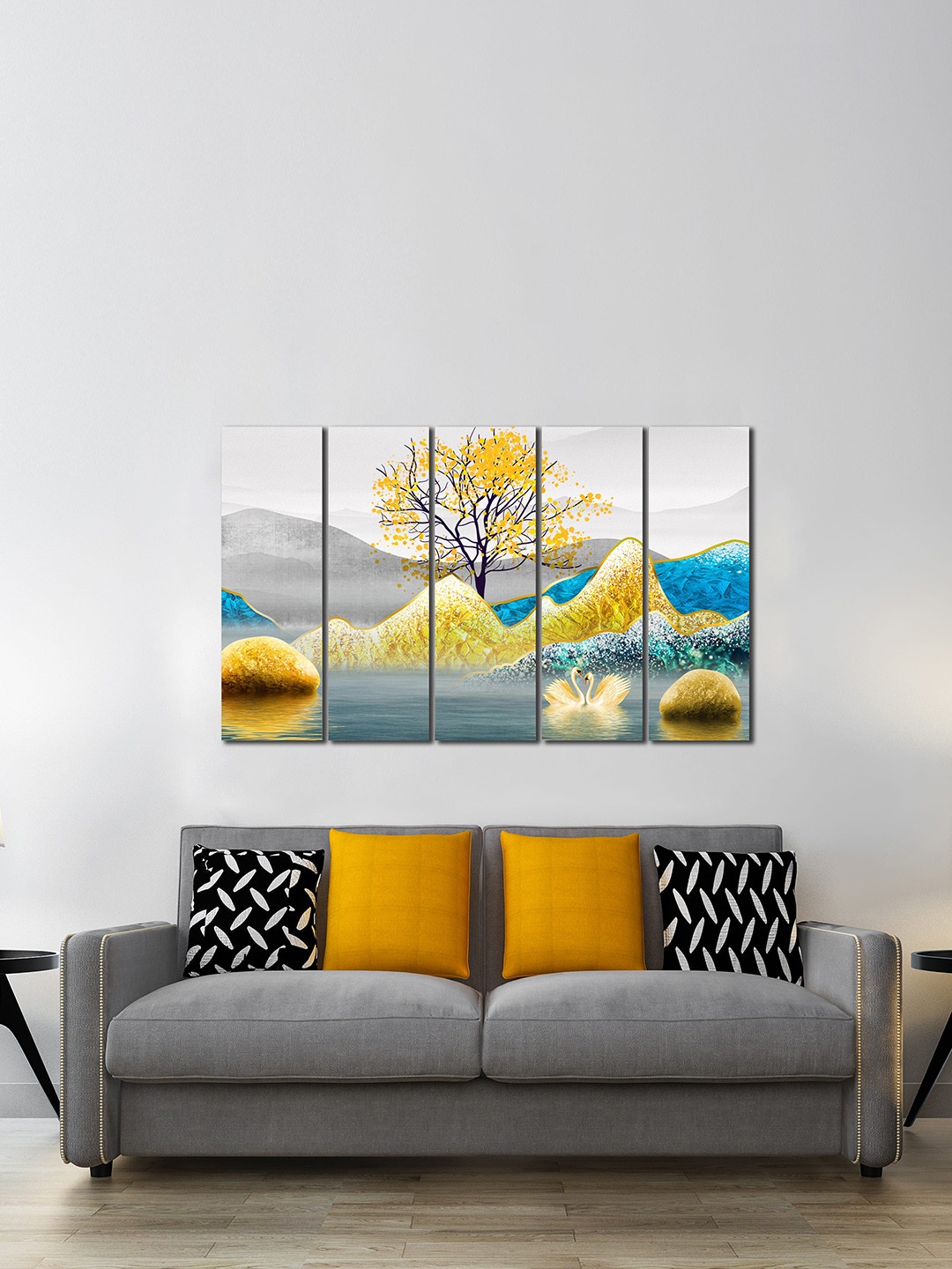 WENS Set of 5 Grey & Yellow Panels Tree Printed Wall Painting Art Panels