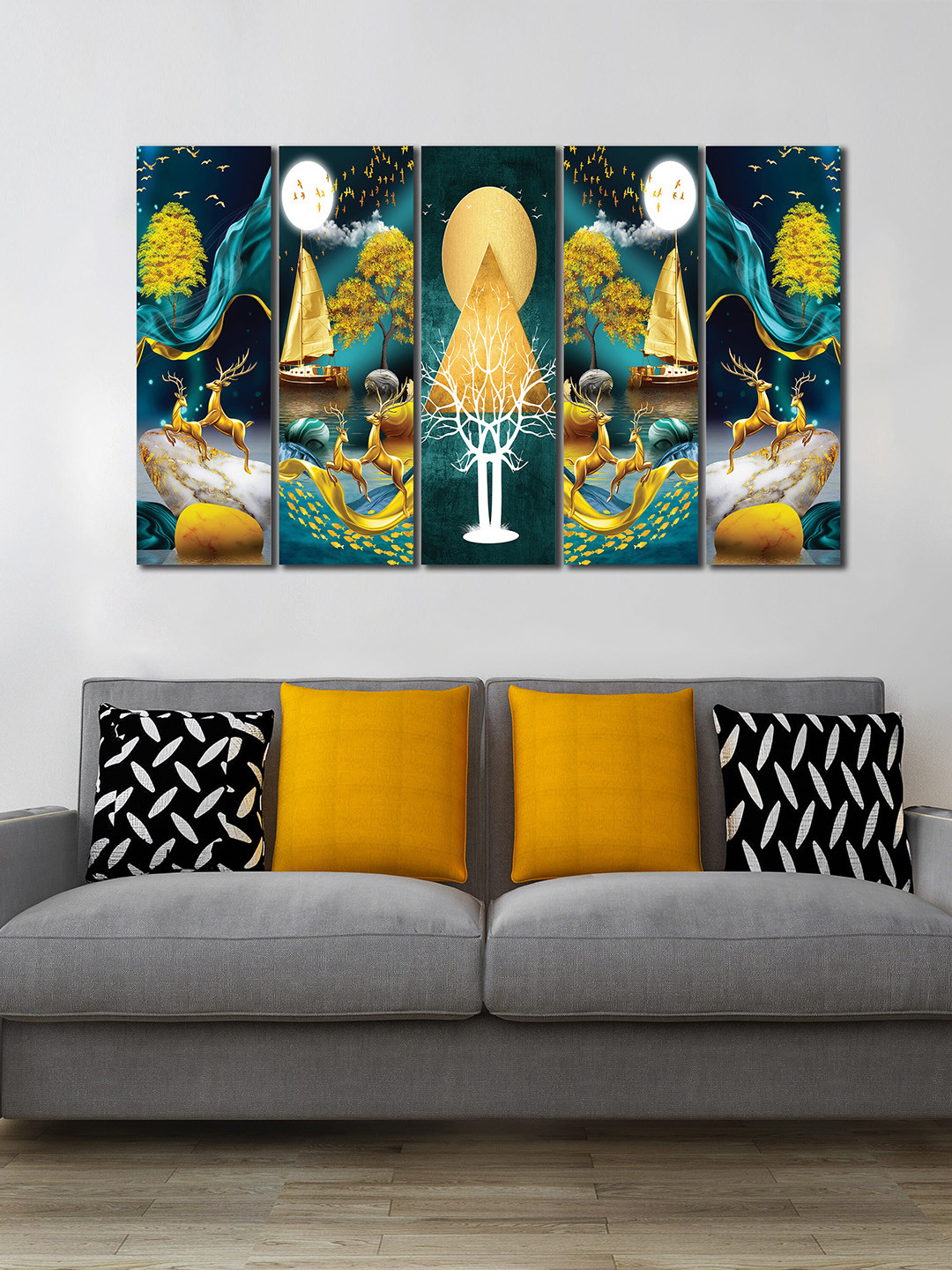 WENS Set Of 5 Teal Blue & Yellow Minimalist Pattern Modern Laminated Wall Panels