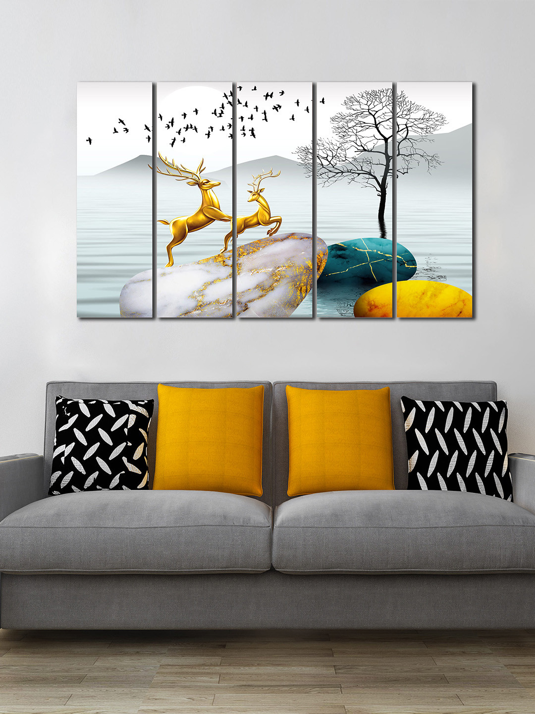 WENS 5 Pcs White & Gold-Toned Beautiful View Of Nature with Reindeer Wall Art