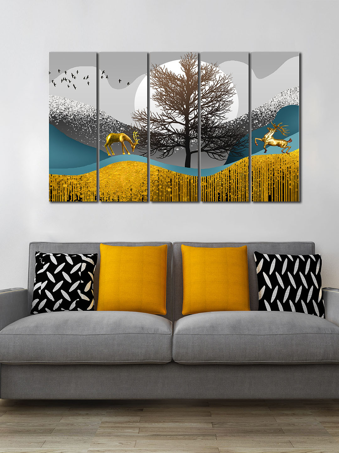 WENS 5 Pcs Grey & Gold-Toned Elegant & Beautiful Nature Laminated Panels Wall Art