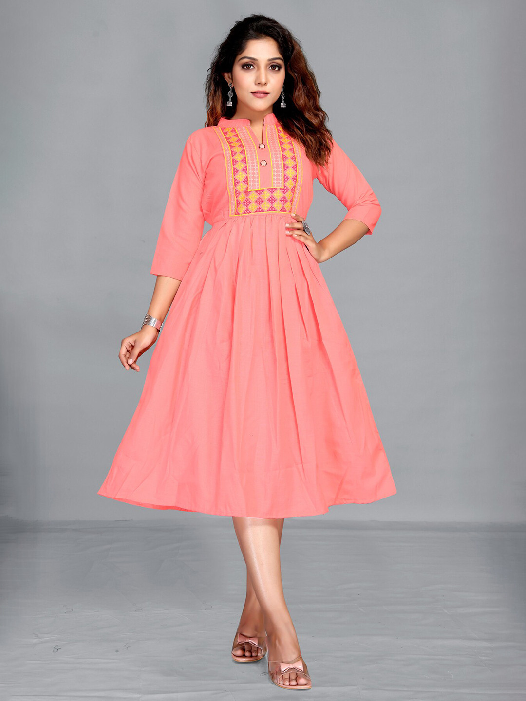 MARUTI ART Geometric Embroidered Midi Fit & Flare Ethnic Dress