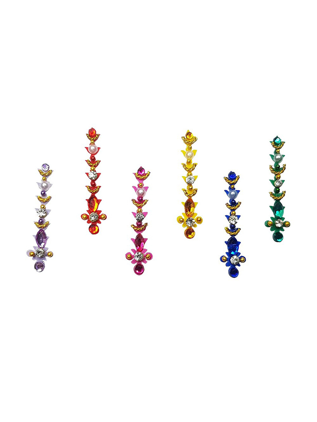 Comet Busters 6 Pcs Long Stone Studded Reusable Bindi - Multicolor