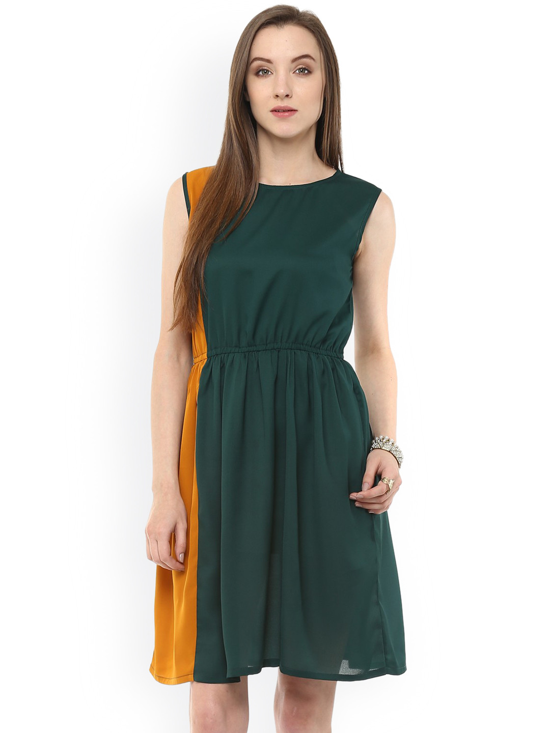 Zima Leto Women Green & Mustard Yellow Colourblocked Fit and Flare Dress
