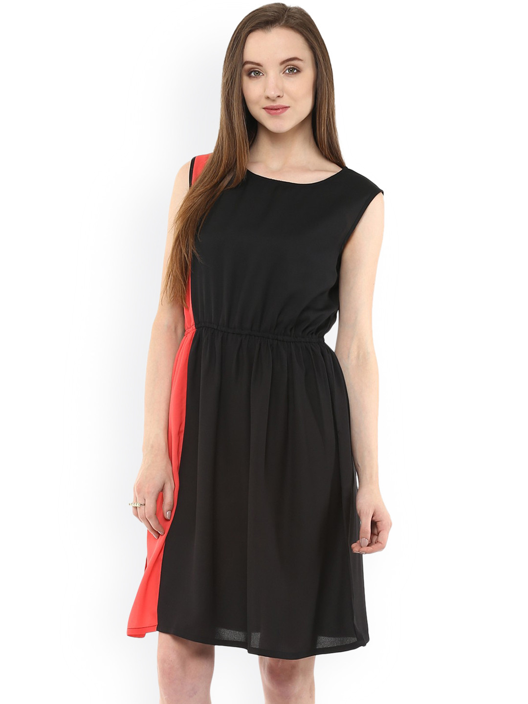 Zima Leto Women Black & Coral Pink Colourblocked Fit and Flare Dress