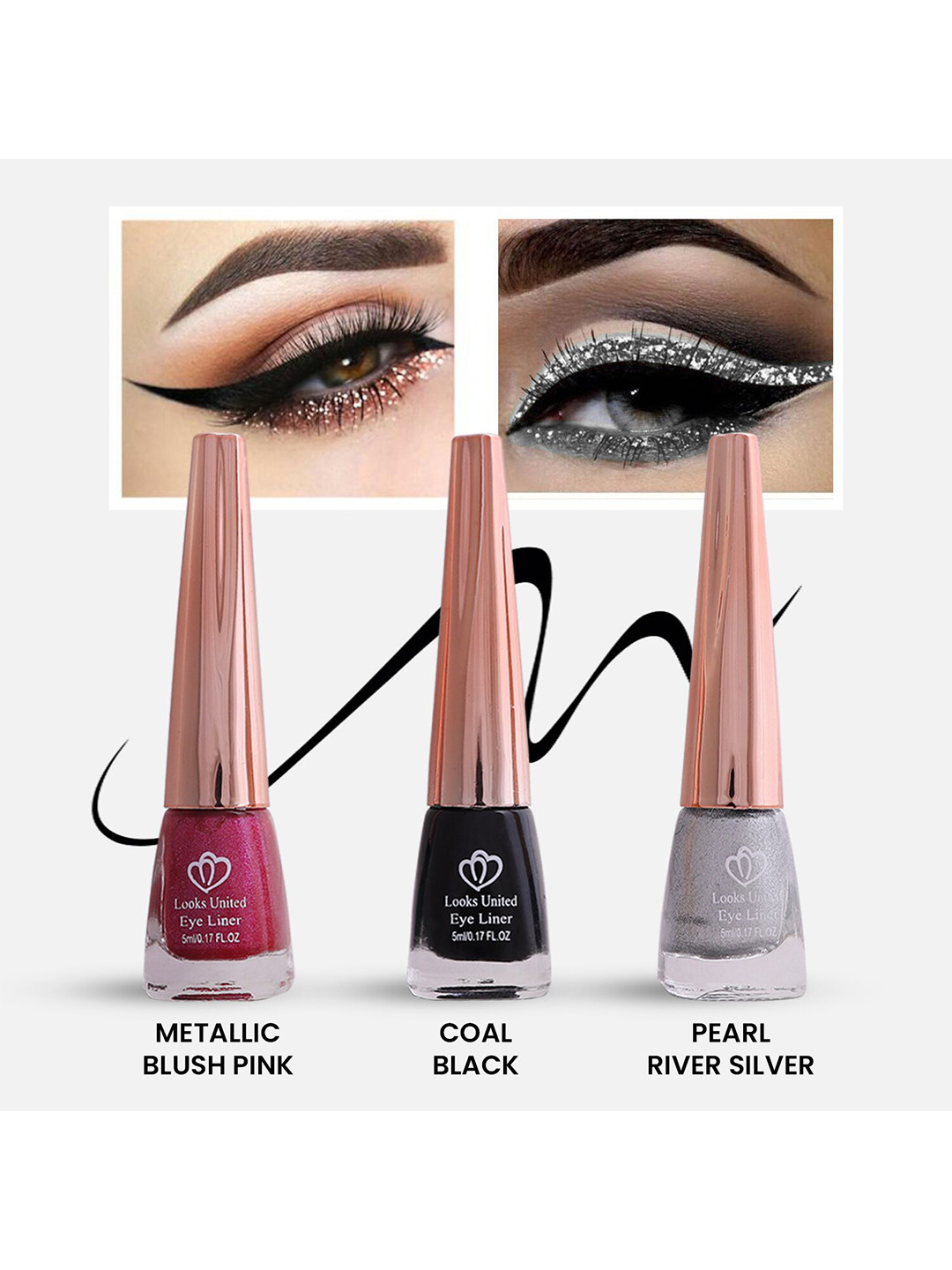 Looks United Set Of 3 Long Lasting Intense Single Stroke Metallic Liquid Eyeliner -5mlEach