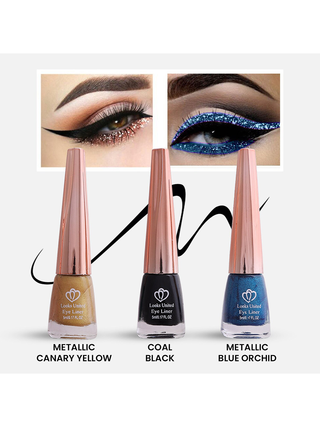 Looks United Set Of 3 Long Lasting Intense Single Stroke Metallic Liquid Eyeliner -5mlEach