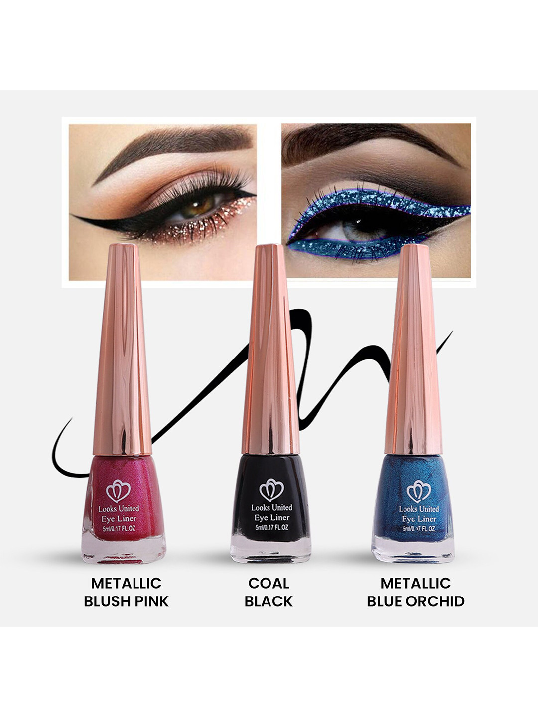 Looks United Set Of 3 Long Lasting Intense Single Stroke Metallic Liquid Eyeliner -5mlEach