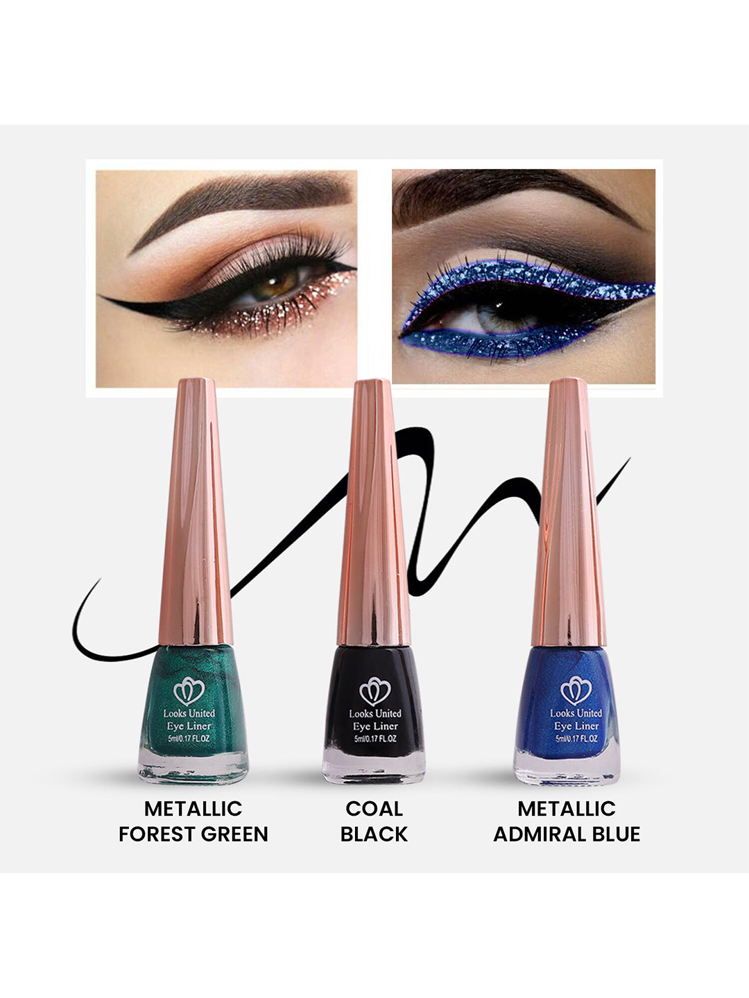Looks United Set Of 3 Metallic Long Lasting Intense Single Stroke Liquid Eyeliner-5ml Each