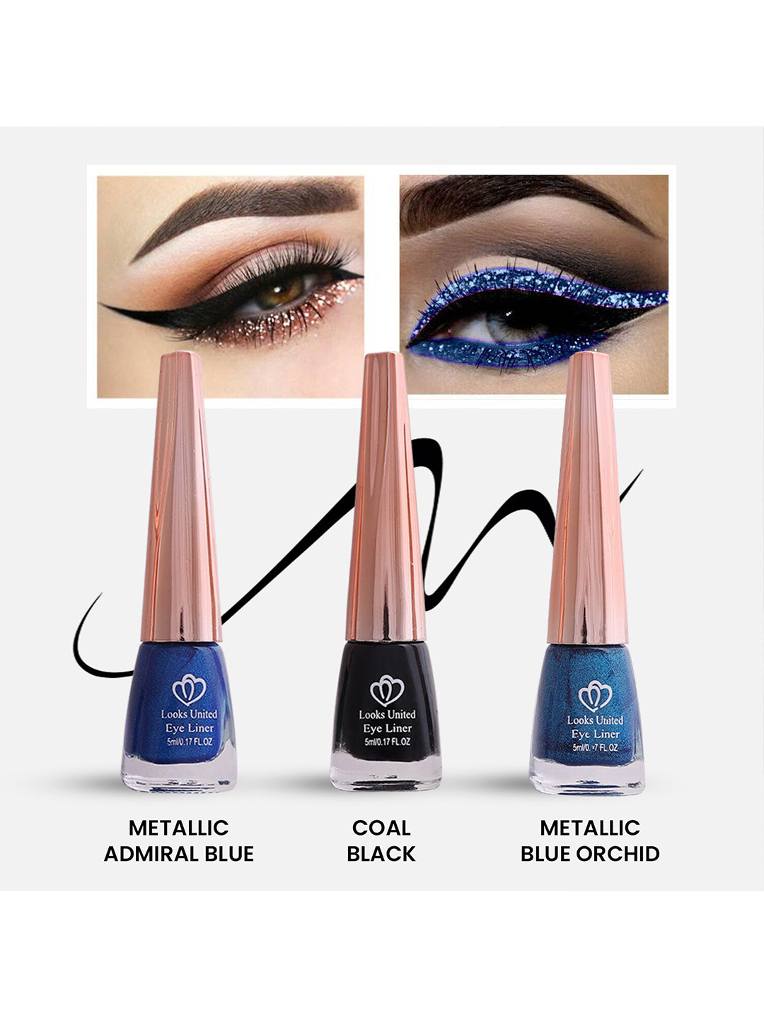 Looks United Set Of 3 Metallic Long Lasting Intense Single Stroke Liquid Eyeliner-5ml Each