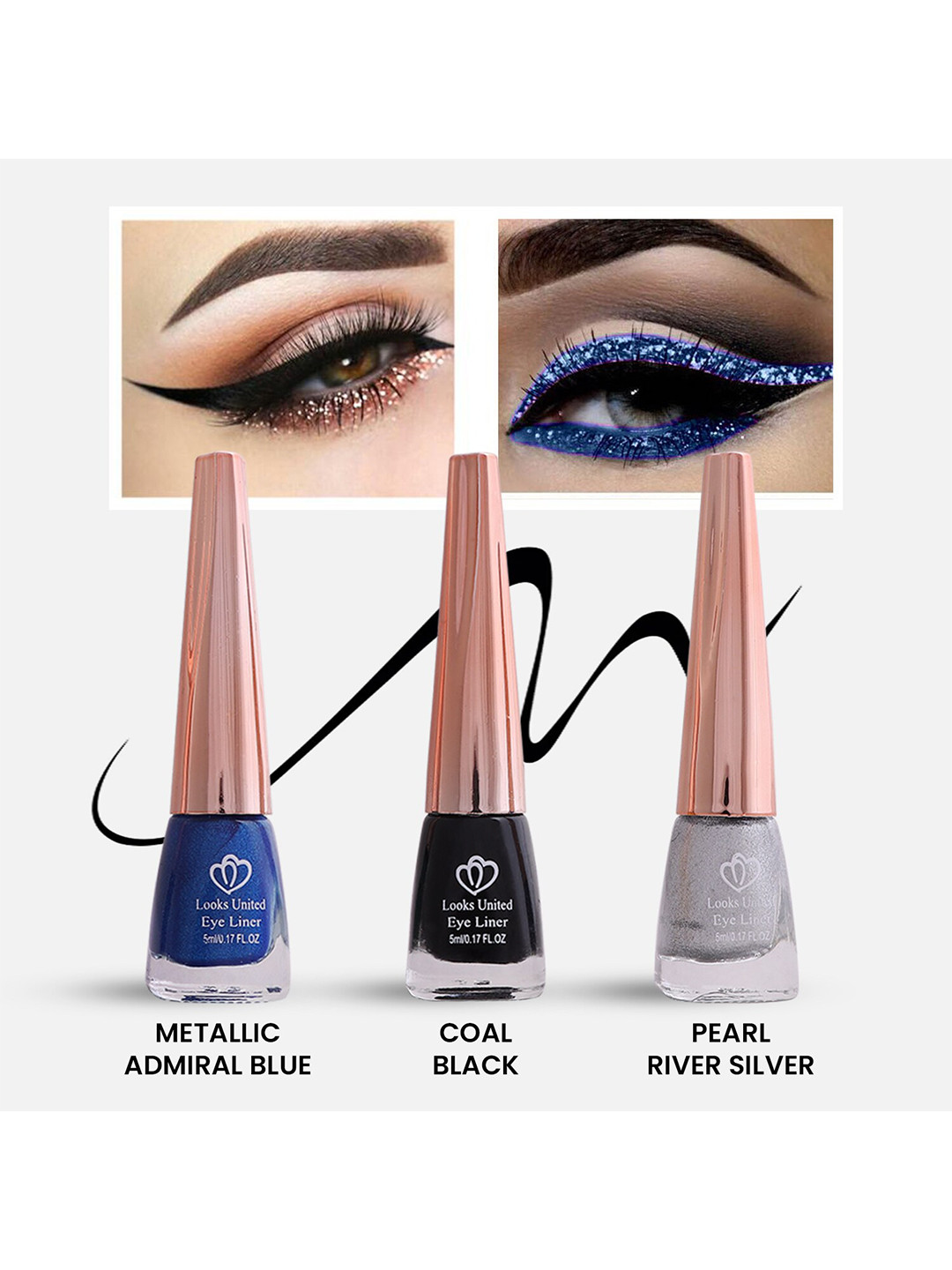 Looks United Set Of 3 Metallic Long Lasting Intense Single Stroke Liquid Eyeliner-5ml Each