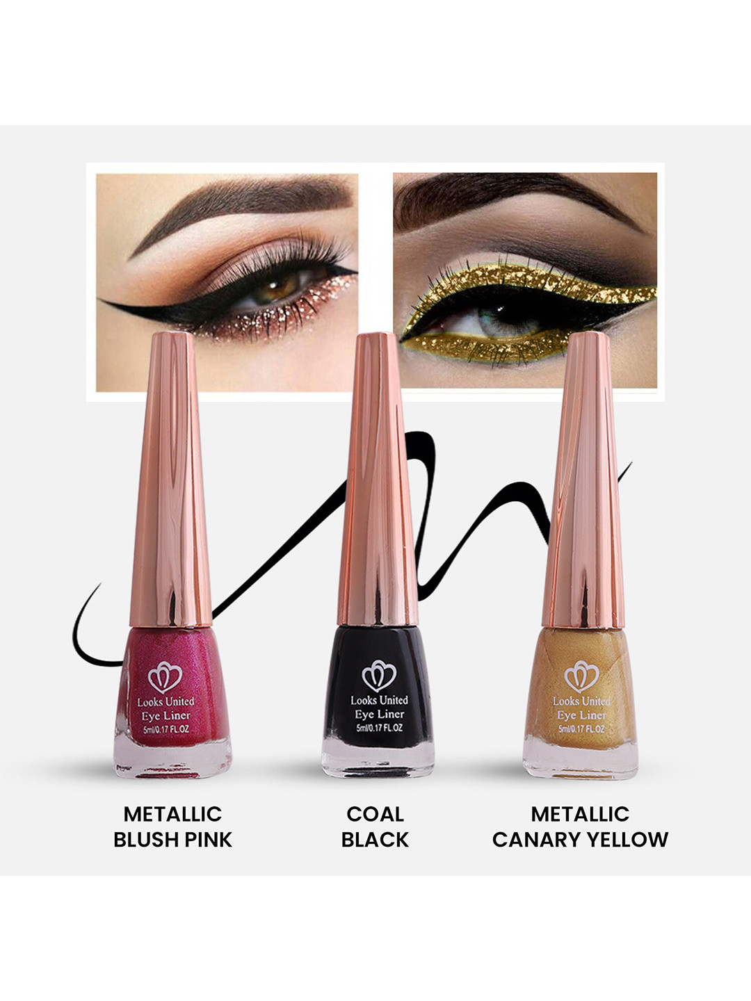 Looks United Metallic Liquid Set Of 3  Long Lasting Intense Single Stroke Fashion Eyeliner - 5 ml Each