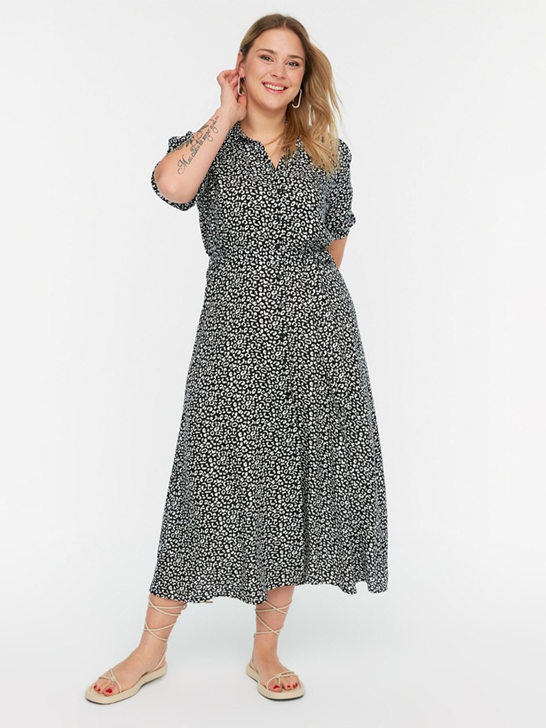 Trendyol Printed Shirt Collar Midi Dress