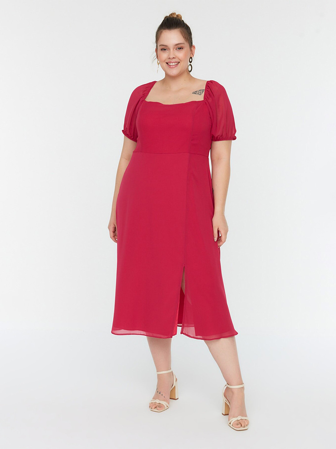 Trendyol Square Neck Puff Sleeve Fit & Flare Midi Dress