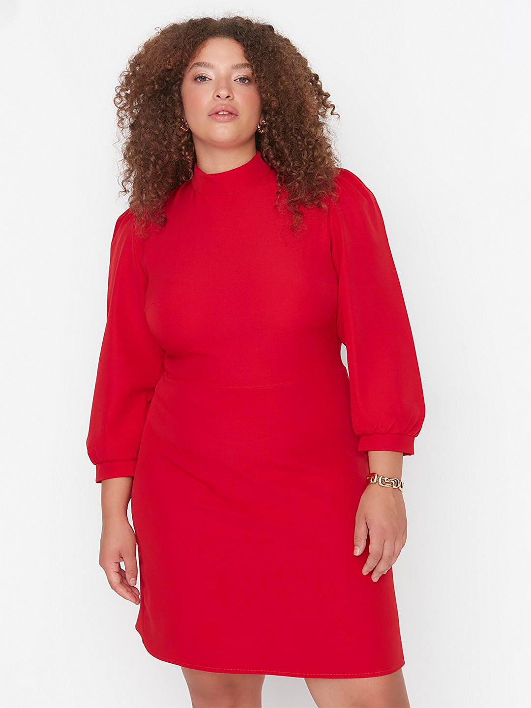 Trendyol Plus Size Mock Neck Puff Sleeves A-Line Dress